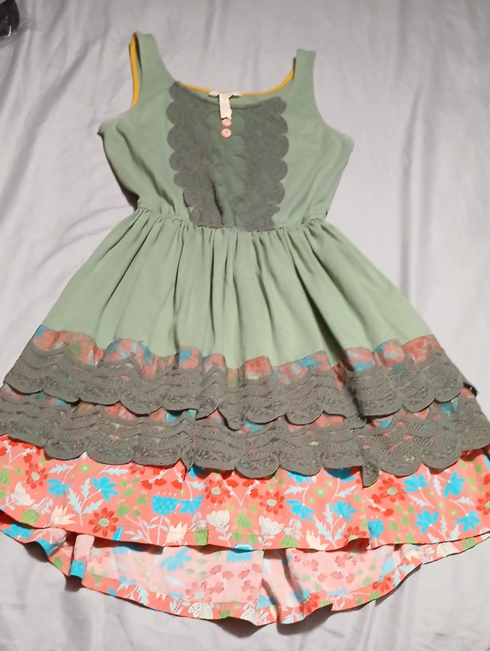 Matilda Jane Sage Green Layered Dress with Coral Floral Hem